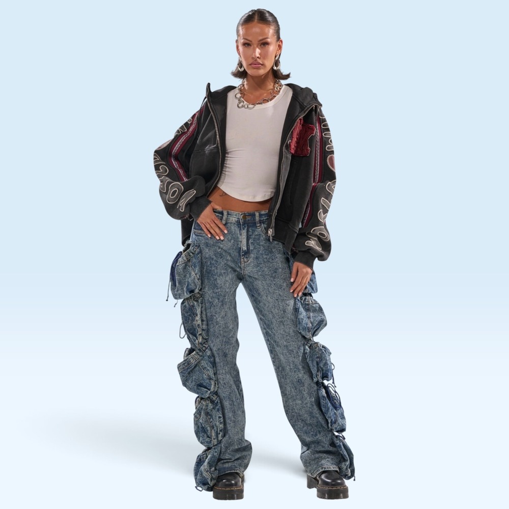 Aphrodite Cargo Jeans Women M 28 Blue Acid Wash Multi Pocket Drawstring Y2K